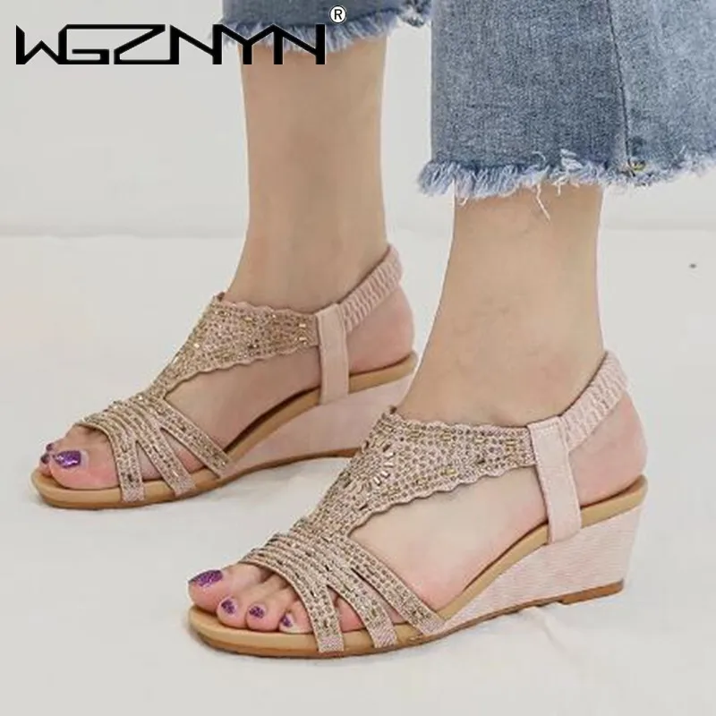 

2021 Летняя женская обувь в римском стиле, женские сандалии для прогулок туфли на танкетке модные стразы Sandles Zapatos Mujer вечерние в стиле «Гладиа...