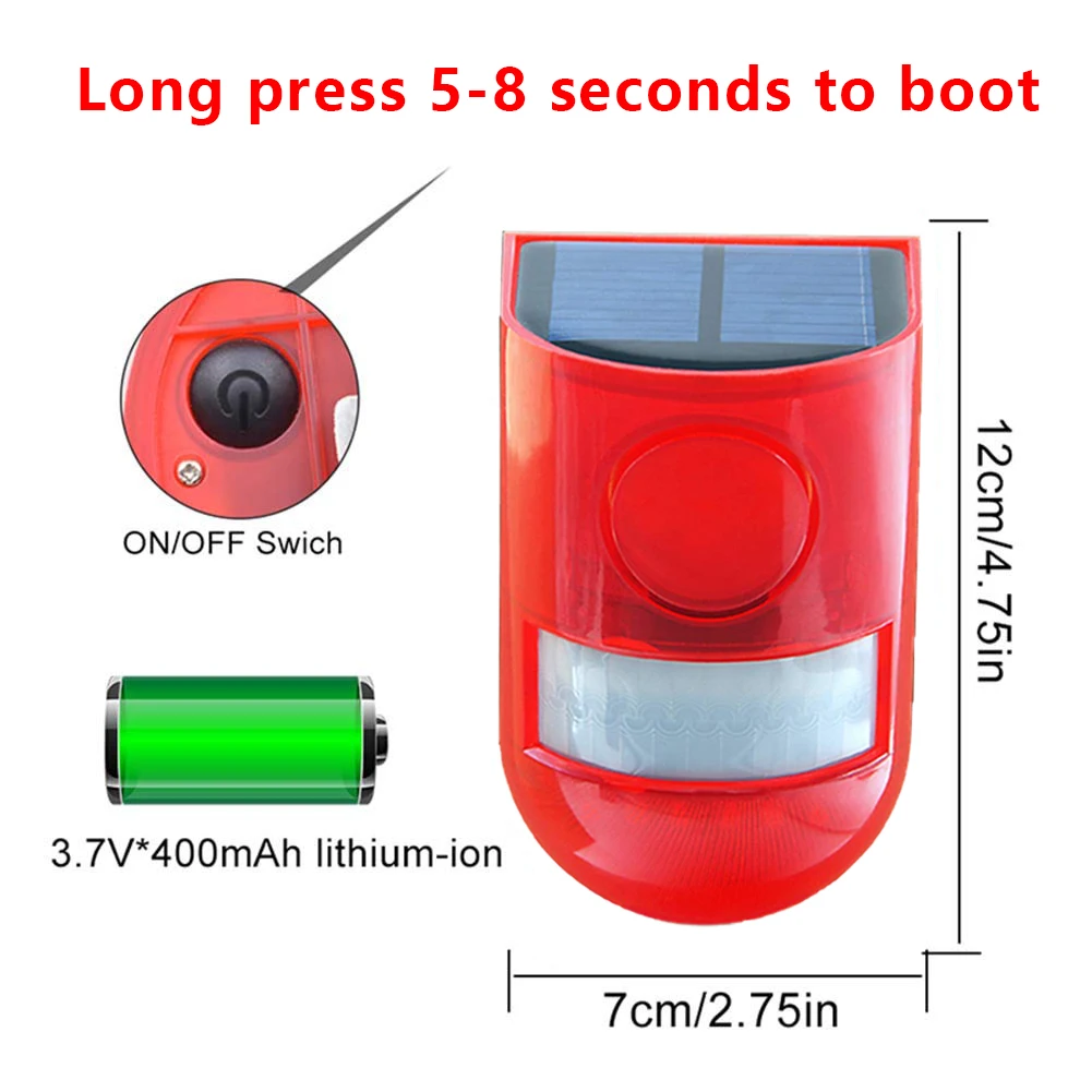 

Solar Powered Sound Alarm 6 LED Waterproof Strobe Light Loud Motion Sensor For Farm Orchard Farm Anti-Theft Sound Light Alarm