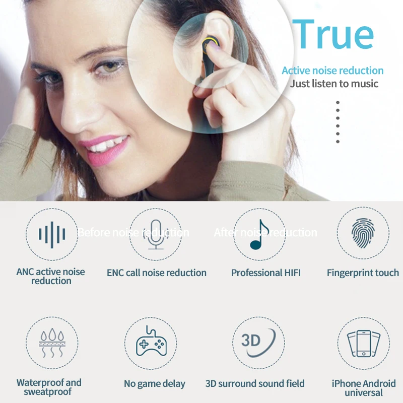 ANC наушники-вкладыши TWS с V5.0 Bluetooth наушники Беспроводной Водонепроницаемый