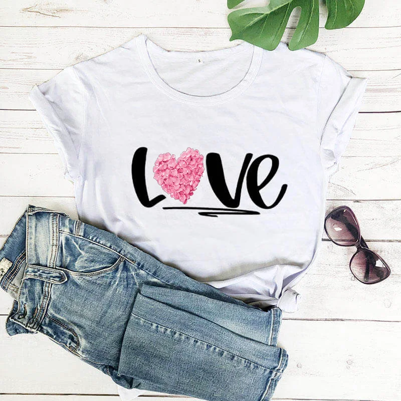 Женская футболка с цветочным принтом в виде РОЗОВОГО СЕРДЦА повседневные белые