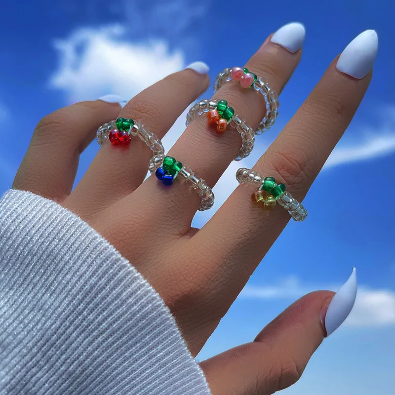 

5 Pcs/ Set New Cute Transparent Resin Acrylic Handmade Beaded Colourful Cherries Rings for Women Bohemian Simple Jewelry Party