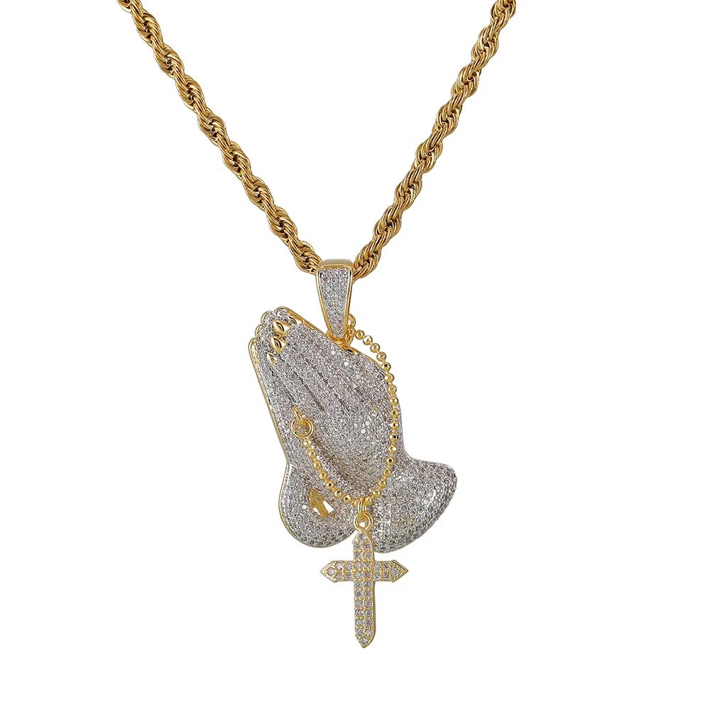 

Men/Women Hip hop iced out bling Praying hand pendant necklaces Micro Pave CZ stone Hiphop necklace jewelry gifts Drop shipping