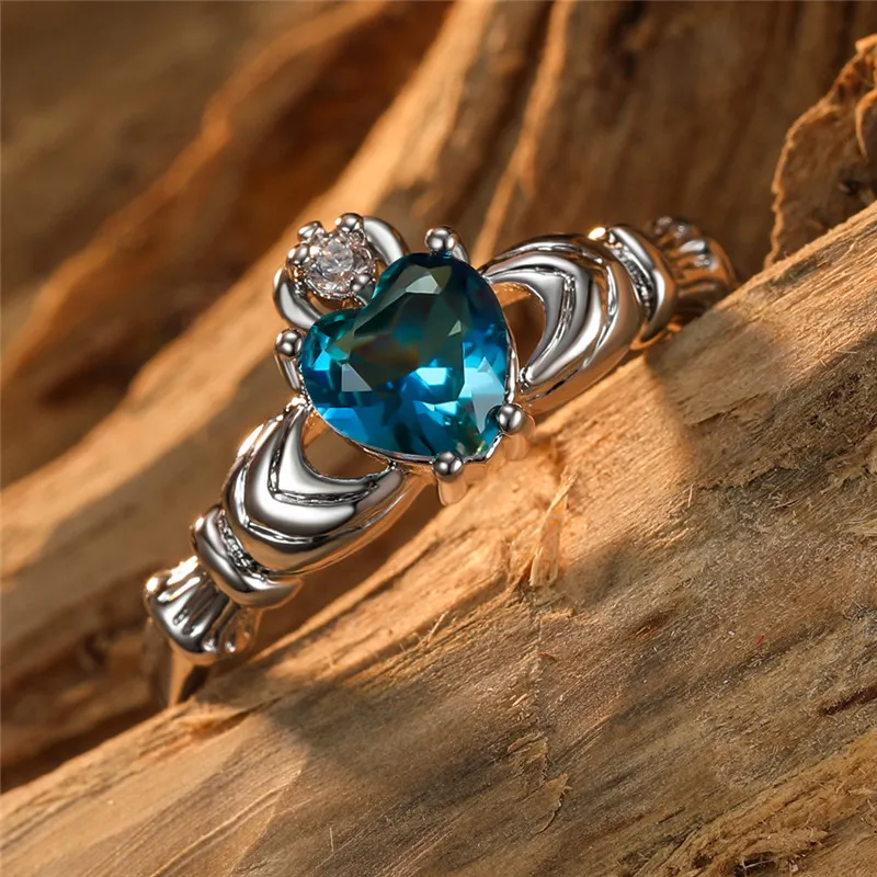 Blue Green Crystal Zircon Heart Claddagh Rings For Women Wedding Fashion Jewelry Rose Gold Rainbow Stone Engagement Promise Ring | Украшения
