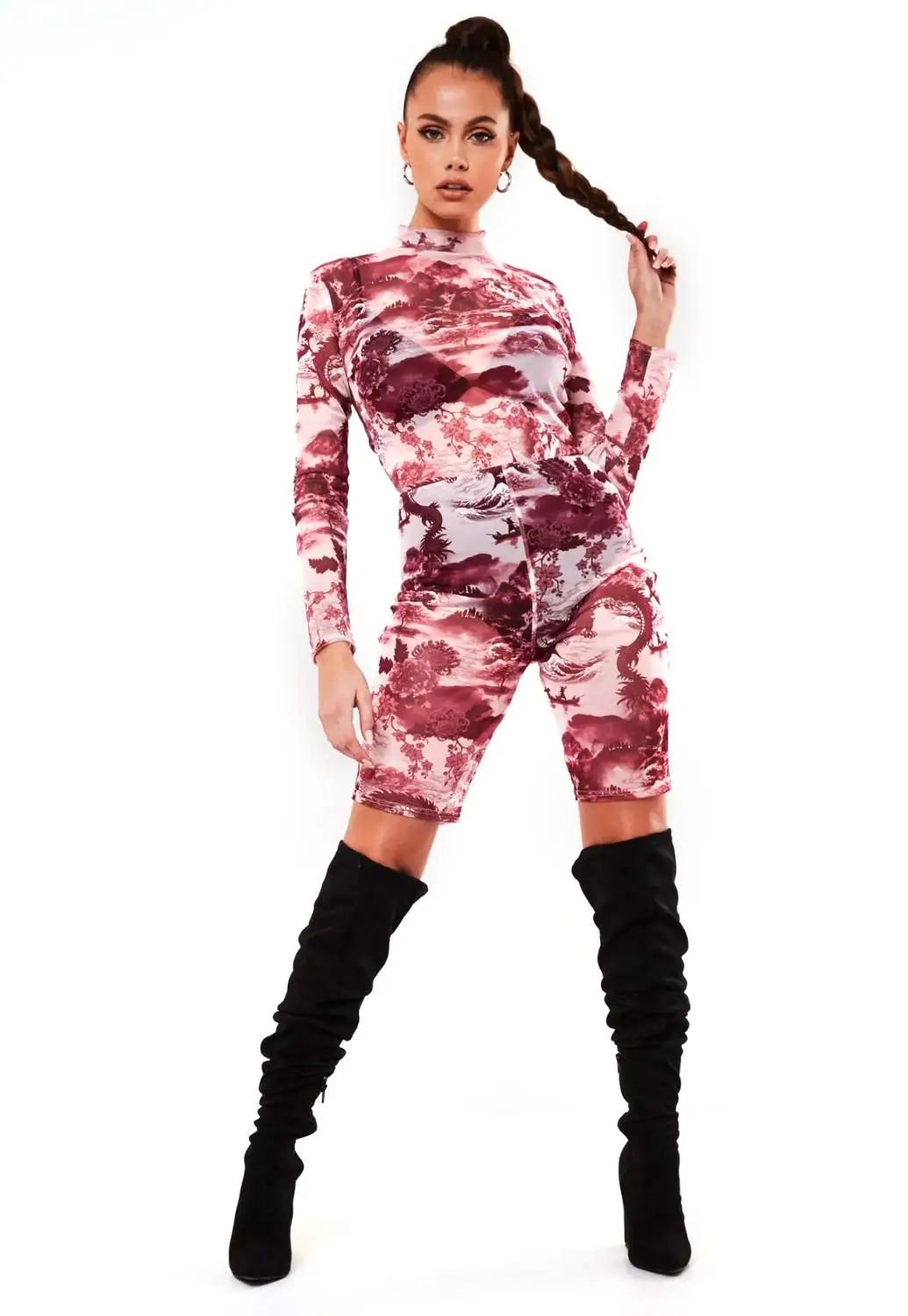 

2020 Hot Sale Night Club Party Sexy Women White Red Floral Print Thin Short Jumpsuit Perspective Long Sleeve Playsuit Overalls