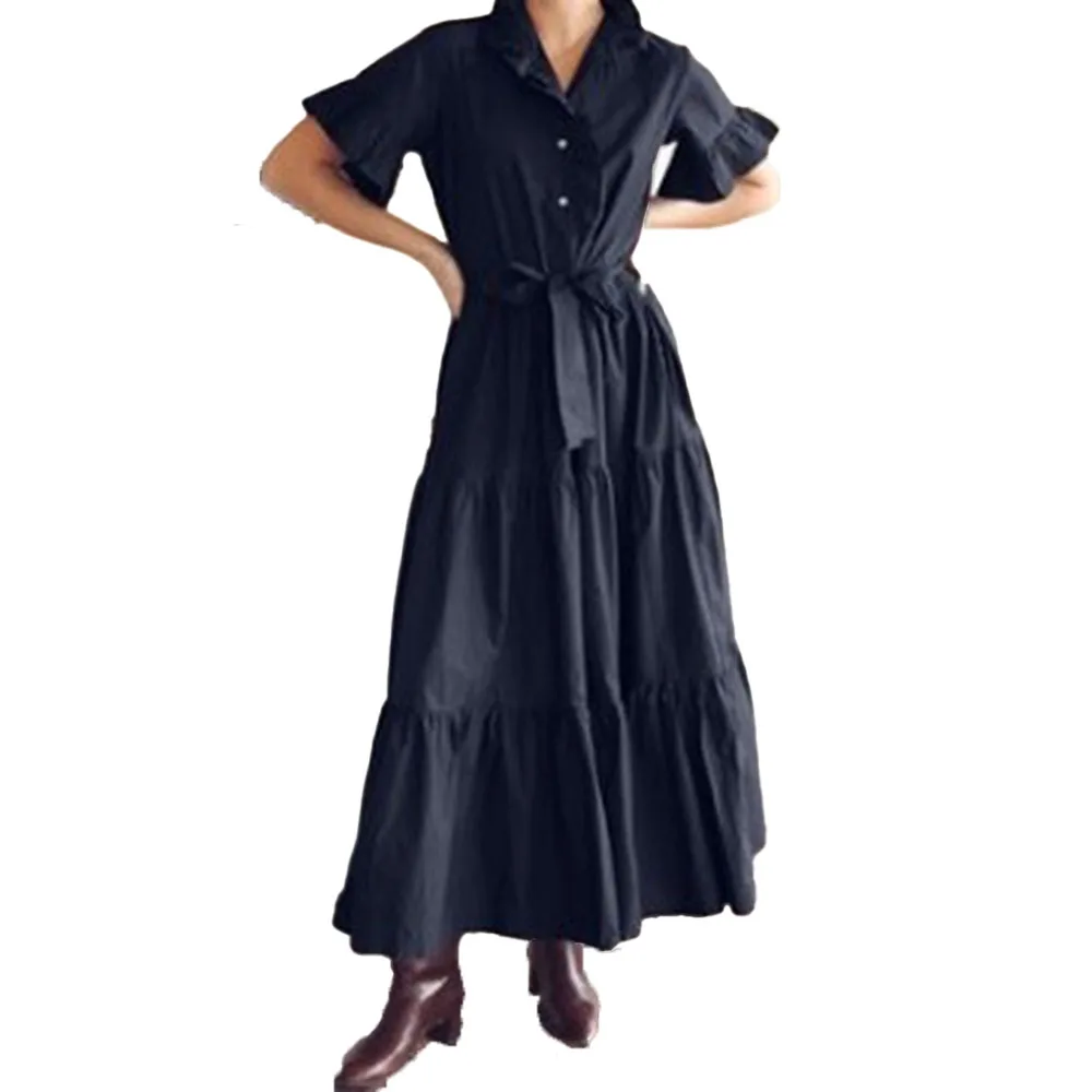 

Japanese Style 2021 Summer New Draw Back Thin Temperament Solid Color Splicing Long Women's Dress V-neck Flared Sleeves