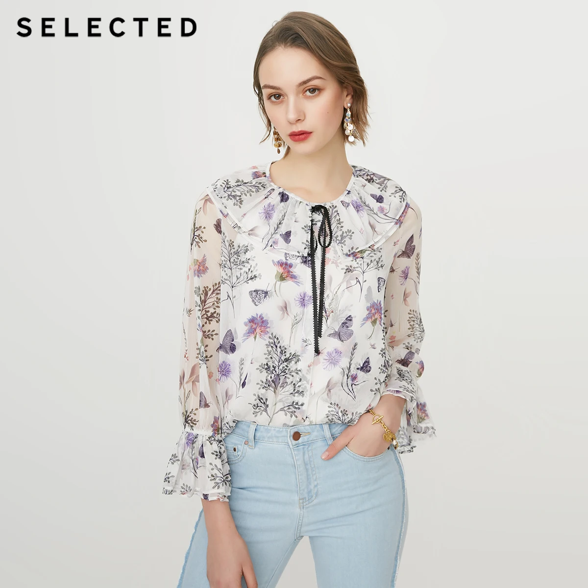 Женская плиссированная рубашка на шнуровке с растительным принтом S | 419205501|