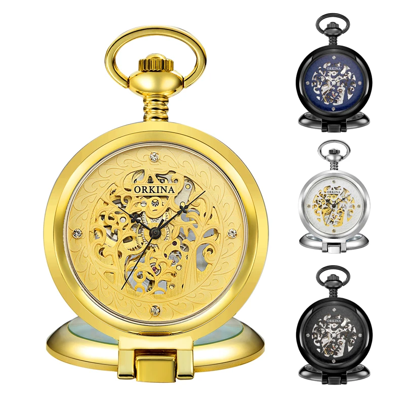 Golden Black Sliver Antique Hollow Automatic Mechanical Pocket Watch FOB Chain Hand Winding Full Steel Sculpture For Men Wome