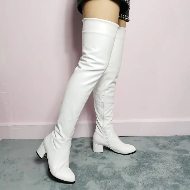 

Women Winter Warm Fur Over the Knee Boots Thick High Heels Zipper Thigh Boots Pu Leather Fashion Woman Shoes Size 34-43 2019