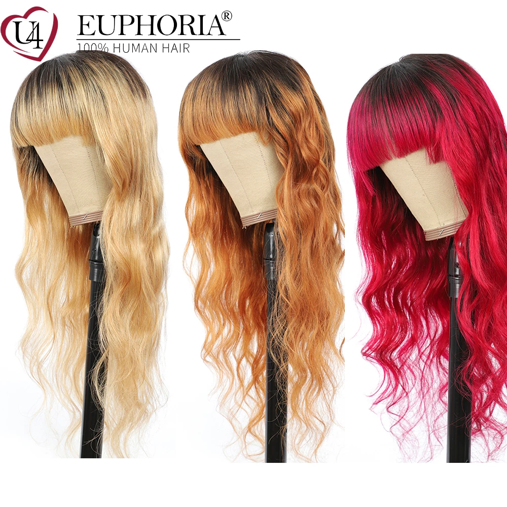 

Ombre Body Wave Human Hair Wigs With Bangs Brazilian 9A Remy 100% Human Hair 1B/30 Full Machine Made None Lace Wigs EUPHORIA