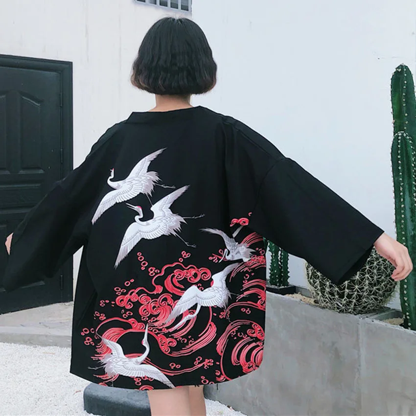 Японский Восточный журавль Сакура кимоно Haori кардиган китайский Тан костюм Ukiyo-e банный халат пижамы для женщин пальто наряды