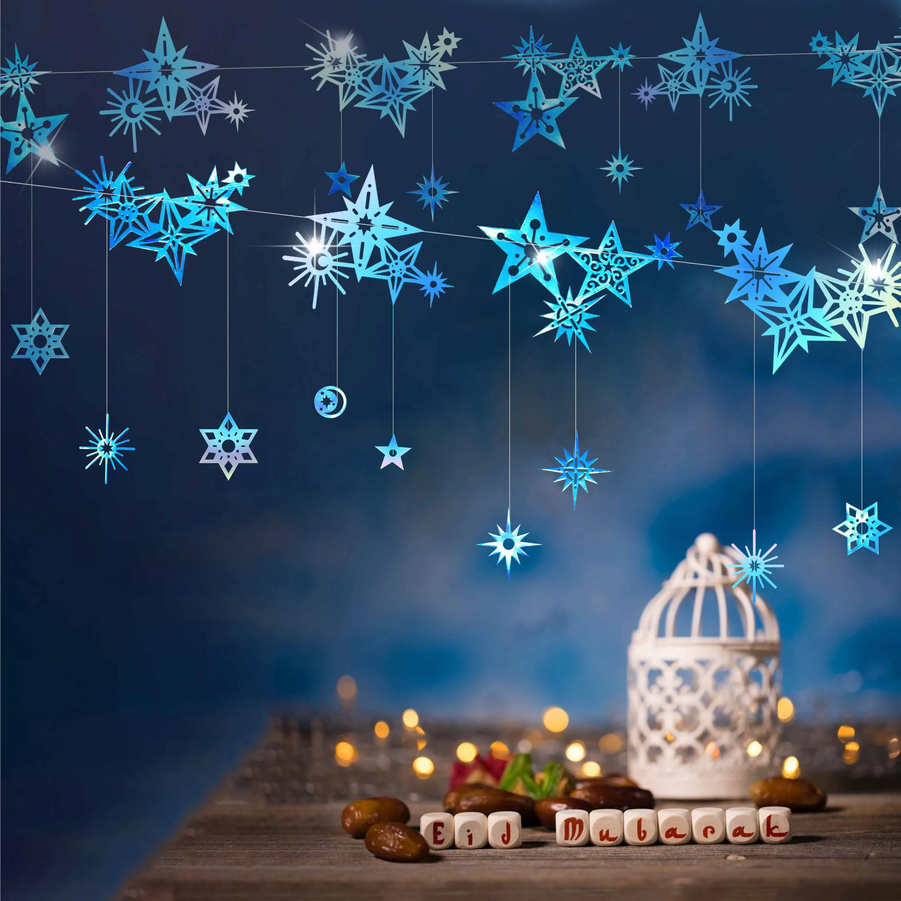 

Holographic Blue Star Christmas Decorations Flashing Star Garlands Space Starry Night Backdrop Moon Hanging Birthday Decorations