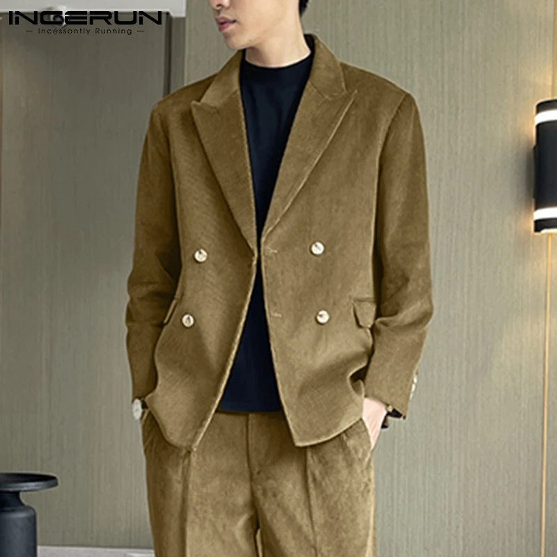 

INCERUN Men Blazer Solid Color Corduroy Lapel Long Sleeve Double Breasted Casual Suits Men 2021 Streetwear Vintage Jackets S-5XL