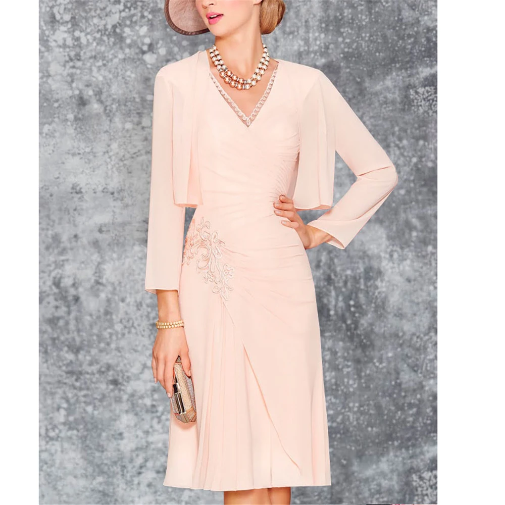 Женское шифоновое платье для матери невесты розовое элегантное с длинным