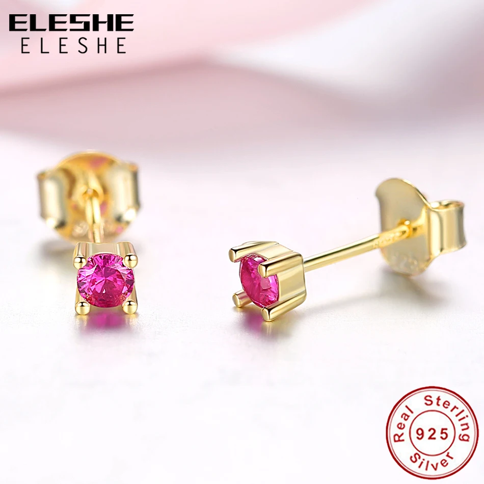 ELESHE, модные, 925 пробы, серебряные серьги, кубический цирконий, круглые, маленькие серьги-гвоздики для женщин, девушек, желтое золото, ювелирное изделие, подарок