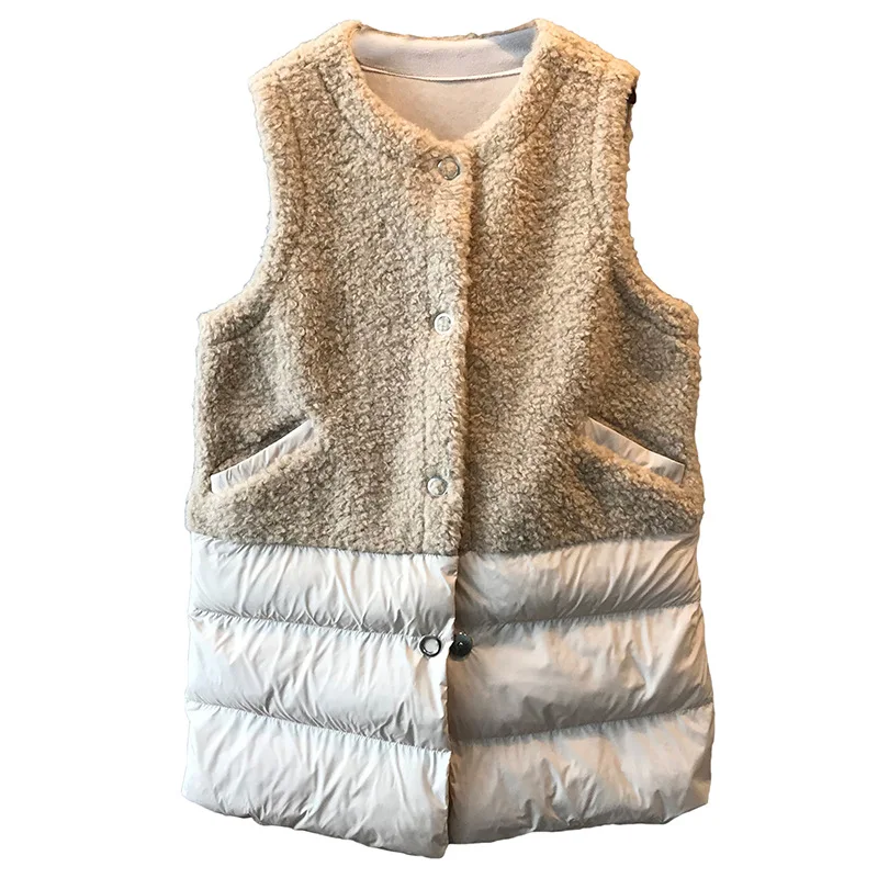 2019 new lambs wool splicing cotton vest women's medium long coat womens vests winter outerwear Spliced sleeveless |