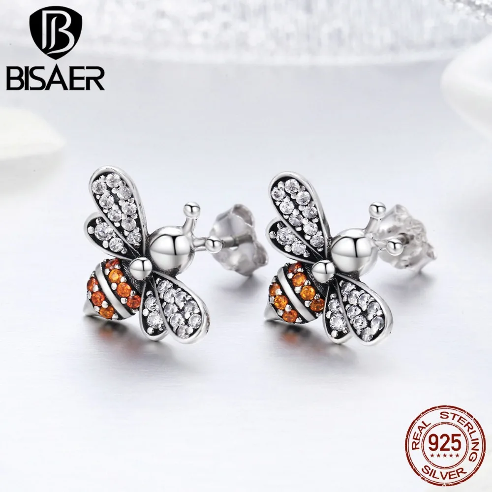 BISAER, горячая распродажа, 925 пробы, серебро, AAA, CZ, занятые пчелы, насекомые, серьги-гвоздики для женщин, роскошные ювелирные изделия из серебра, Brincos GXE344
