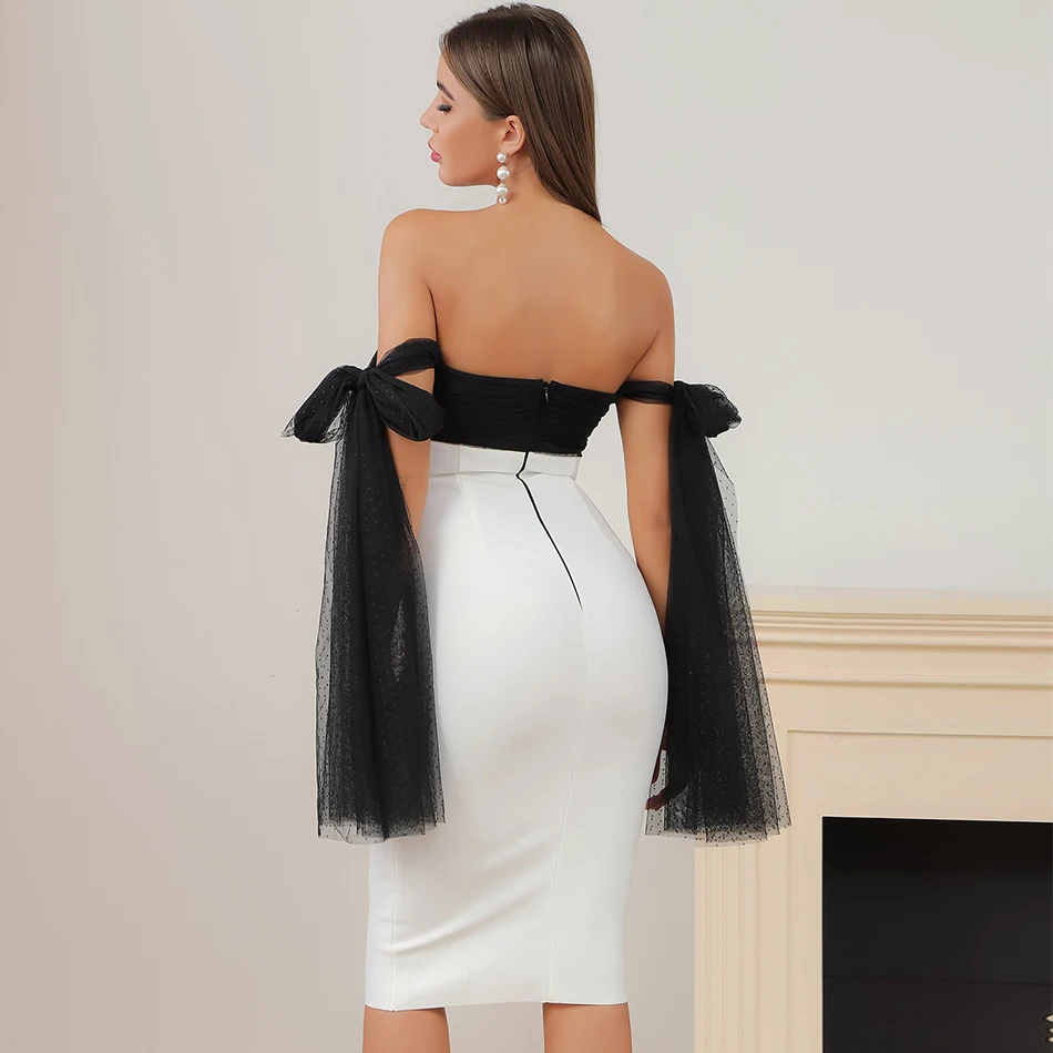 

2020 New Color Stitching Women Bandage Dress Sexy Strapless Lace Lace-Up Sleeveless Bodycon Dress Midi Club Party Dress Vestidos