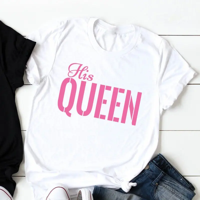 his queen-white tee Ее король его королева совпадающие для пары футболки Повседневная графическая забавная Футболка Топ унисекс для женщин День Святого Валентина подарок футболка Прямая - Color: his queen-white tee