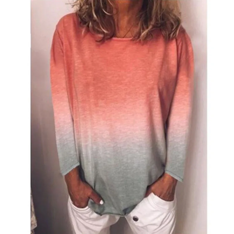 

Spring And Autumn Womens New Loose Round Neck Rainbow Gradient Printing Long Sleeve Multicolor T-Shirt Casual Large Women's Wear