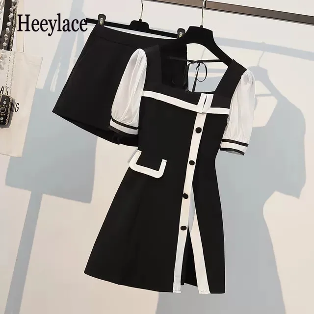 

Office Ladies Two Piece Set For Women Summer Short Sleeve Side Split Patchwork Midi Dress And Shorts Suits Korean Sets