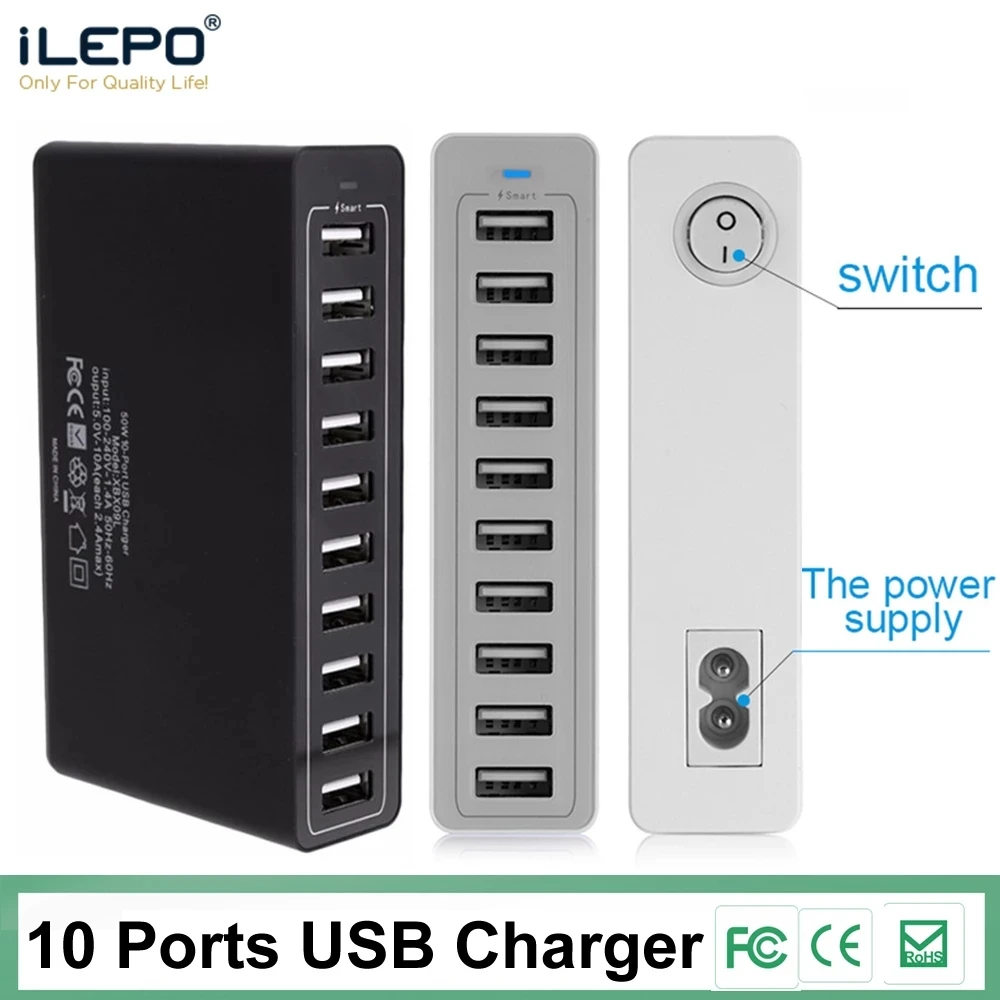 

ILEPO 10 Ports USB Charger Fast Charging Station Dock Multiple Device 5V 10A 50W Quick Charger for Iphone Ipad PC Samsung Xiaomi