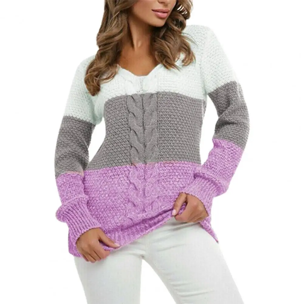 

Top Women's Sweater V Neck Knitted Top Long Sleeve Pullover Color Block Knitted Jumpers Women Knitwear Sweater for Daily Wear