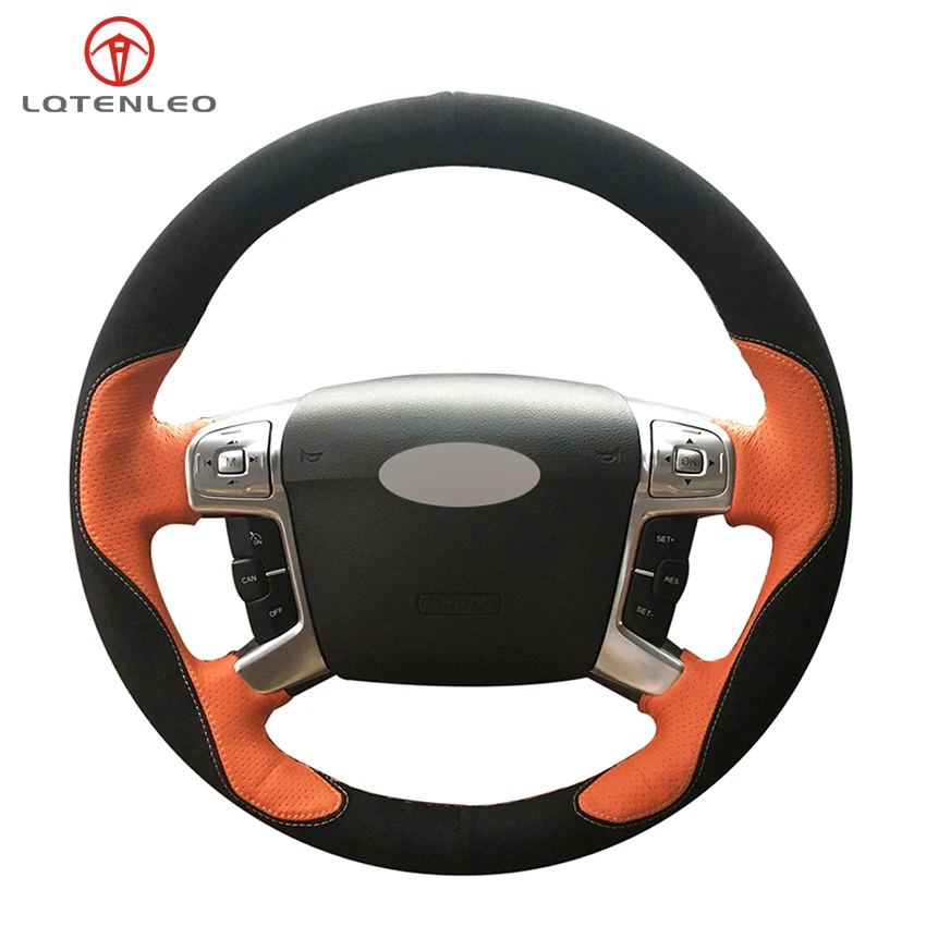 

LQTENLEO Black Suede Orange Leather DIY Car Steering Wheel Cover For Ford Mondeo Mk4 2007-2013 S-Max 2006-2011 Galaxy 2011-2015