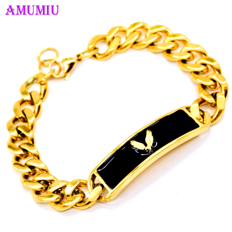 AMUMIU Чистый золотой цвет черный оникс Орел ID браслет цепочка для мужчин крутые