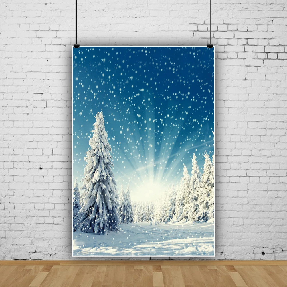 

Laeacco Winter Snow Scenic Pine Forest Snowflake Sunshine Baby Portrait Photocall Poster Photo Background Photographic Backdrops