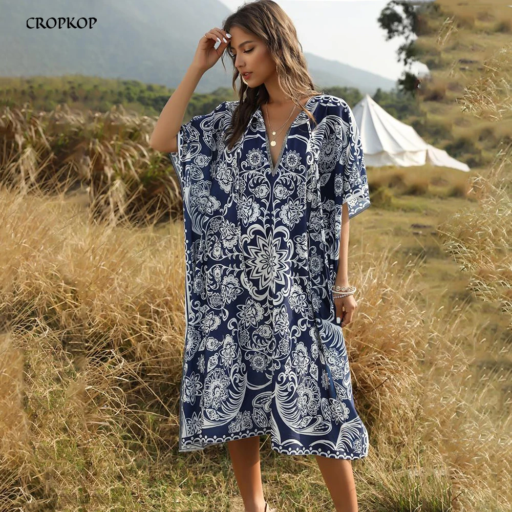 Платье женское в стиле бохо пляжный сарафан с цветочным принтом и рукавом