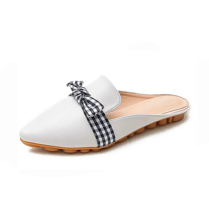 Лоферы на плоской подошве с острым носком Туфли без задника в клетку бантом
