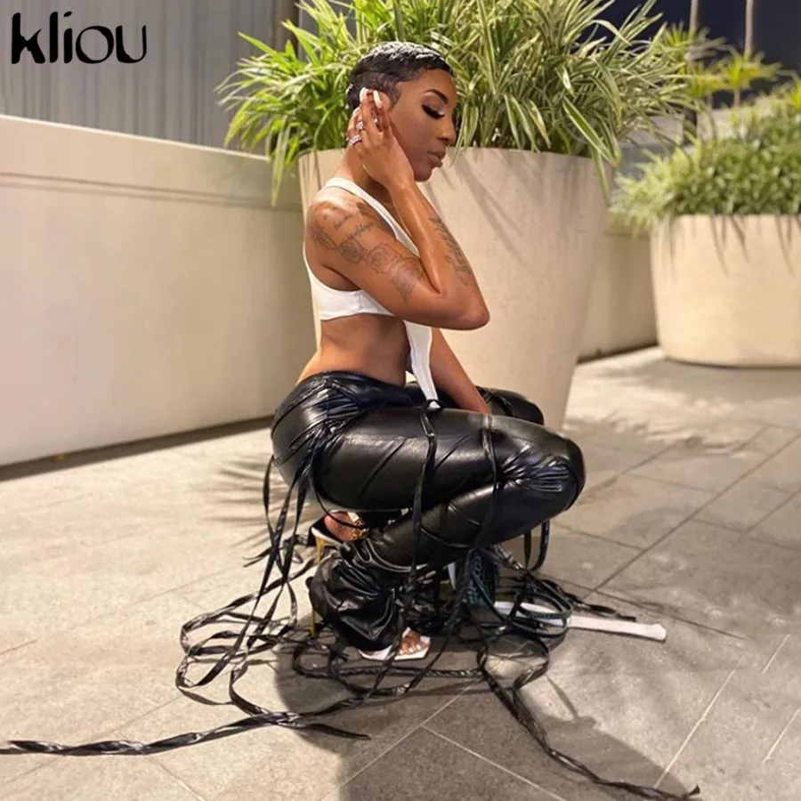 

Faux Leather Solid Flare Pants Women 2020 Fashion Aesthetic Streetwear Side Slit Mid Waist Trousers Hot Selling
