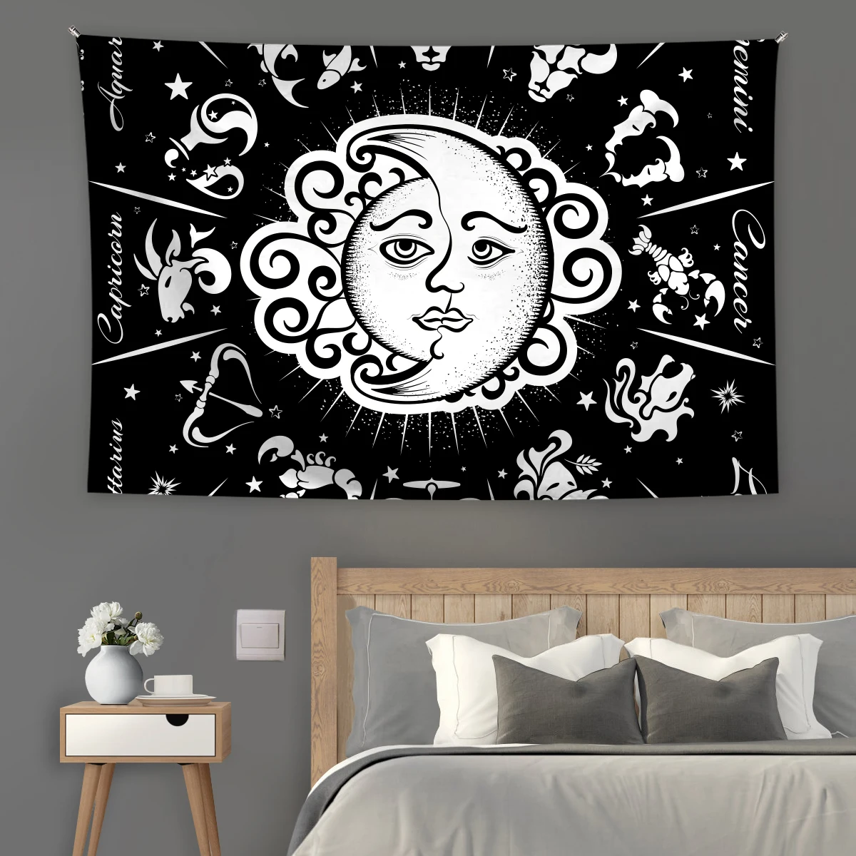 

Sun Moon Tapestry Wall Hanging Sun with Stars Space Psychedelic Black and White Tapestry Bedroom Living Room Dorm Home Decor