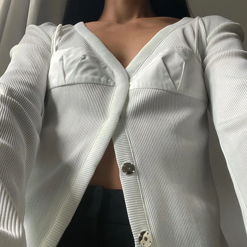 

Waatfaak Harajuku T Shirt White Ribbed Patchwork Vintage Tshirt Autumn Long Sleeve Basic V Neck Button Up Tee Korean Casual 2021