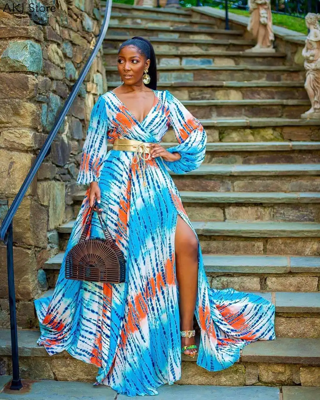 

Women Long Sleeve Gradient Color Tie Dye Print Split Maxi Dress