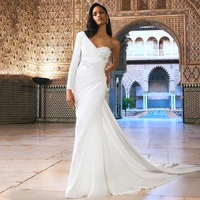 eightree white wedding dresses one shoulder beadings satin bridal dress sexy mermaid sweep train wedding evening gowns plus size