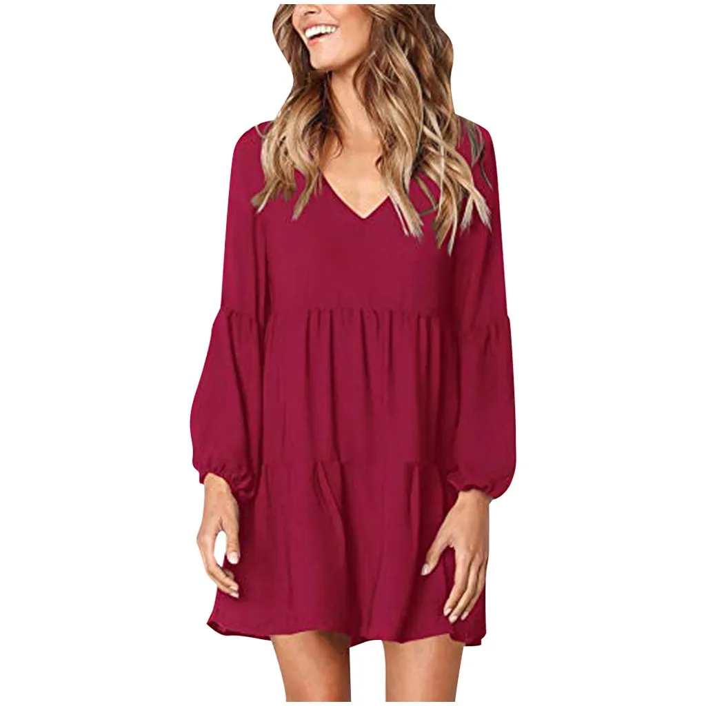 

Lantern Draped Dress Swing Fashion Women Long Flowy Solid V-Neck Sleeve Shift Plus Size Dress Vestidos