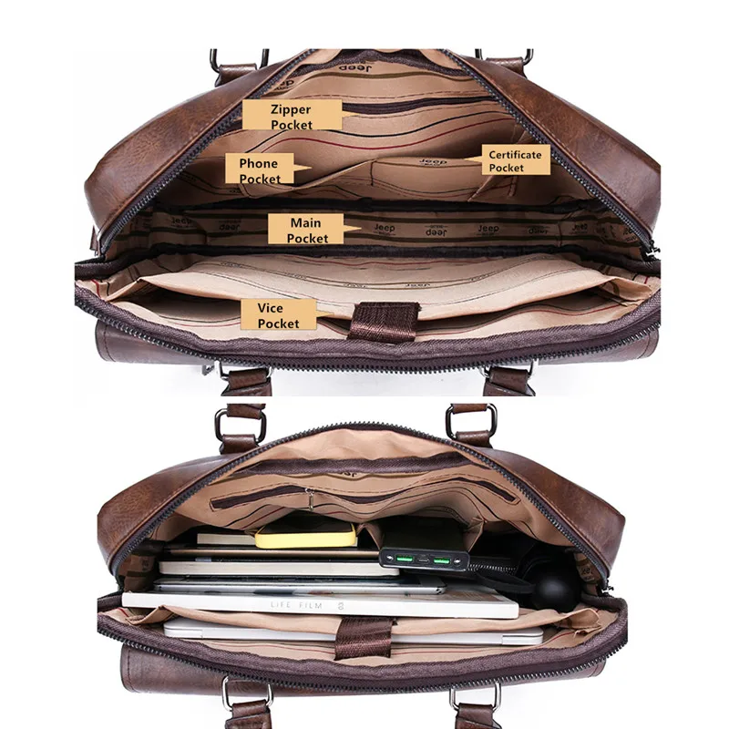 JEEP BULUO New Men Briefcase Split Leather Laptop Bag 14