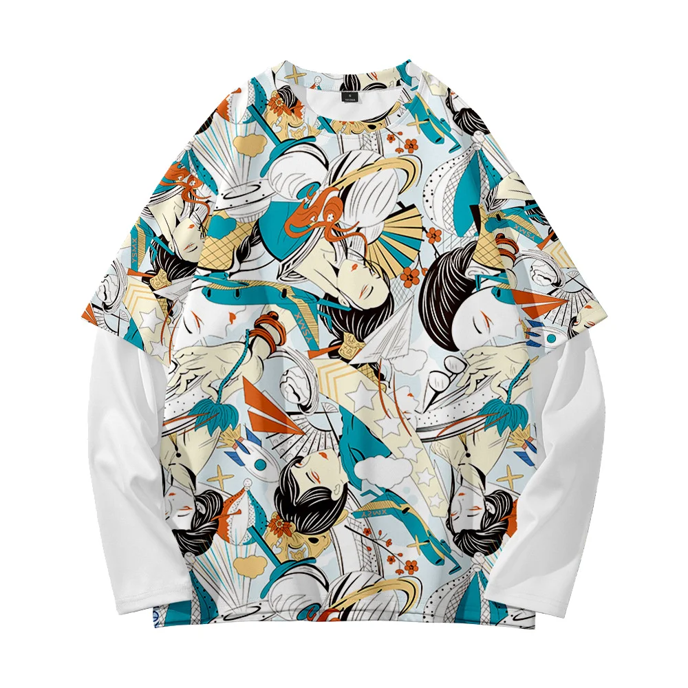 

Hand-painted illustrations trend to wear street style fashion autumn and winter fake two round neck sweaters