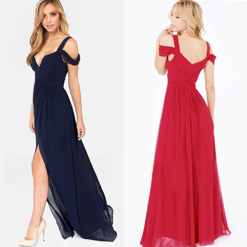 Женское длинное кружевное платье VOLALO темно синее на тонких бретельках с открытой