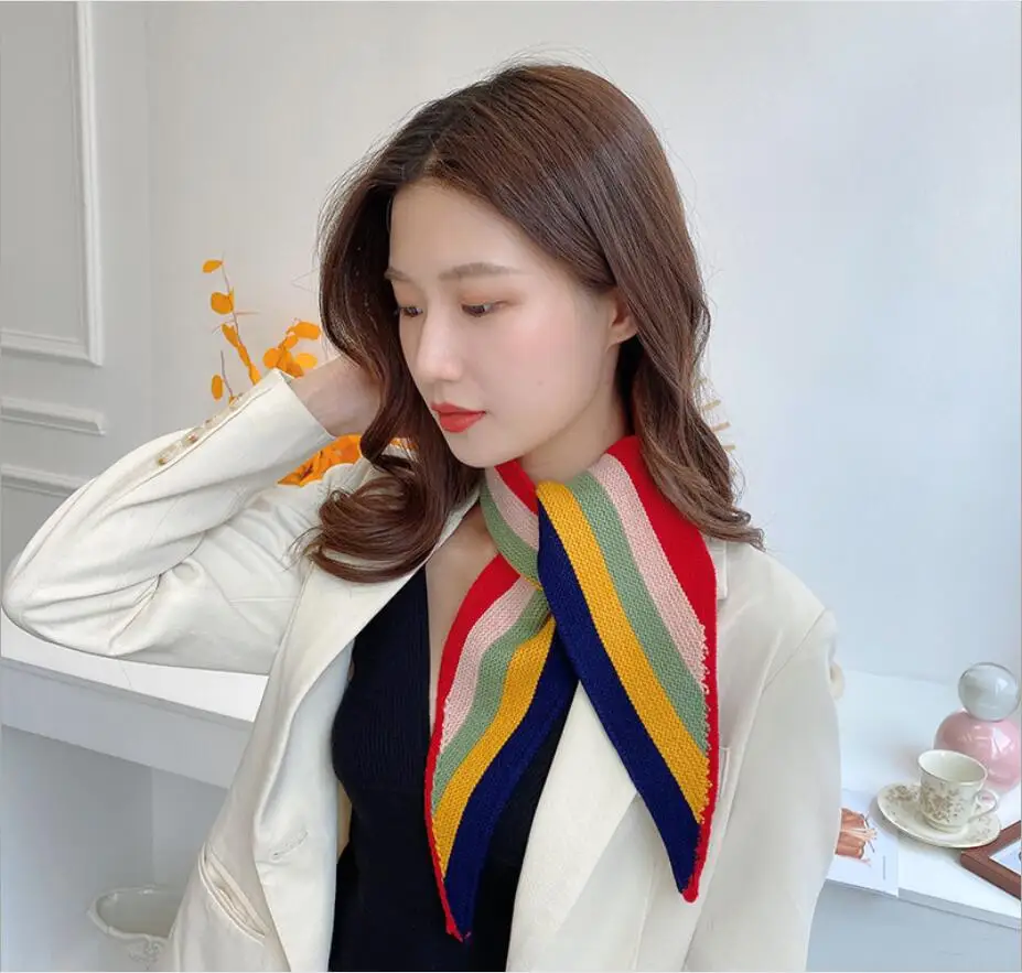 

Luxury Brand Winter Scarf Women Rainbow Stripe Knitted Scarves Wrap Sharp Angle Shawls Warm Long Narrow Small Skinny Neckerchief