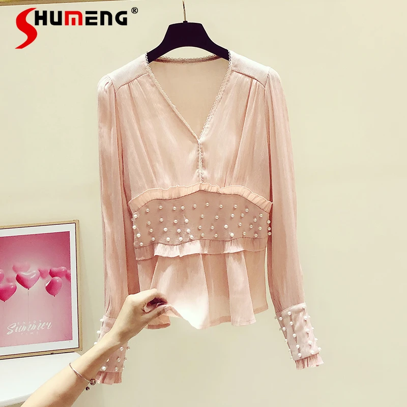 

Women Gentle Splicing Beaded Pink Tops 2021 Fall New Temperament V-neck Sweet Ruffles Tunics Waist-Tight Blouses Ladies Commute