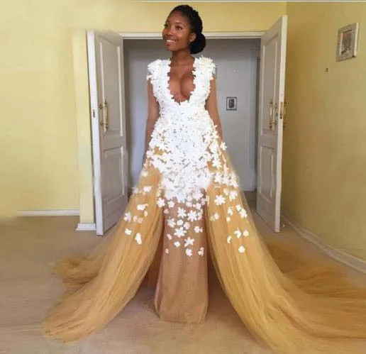

African Flowers Evening Dresses mermaid v-neck lace 2021 Arabic Applique Prom Dress Sexy Party Gowns Vestido De Festa