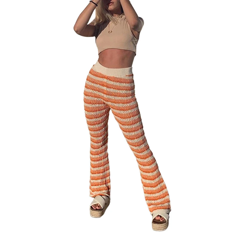 

2021 Fashion Women Striped Print Wide Leg Pants Summer Hollow Out Long Trousers Y2K High Waist Casual Sexy 90s Knitted Pants