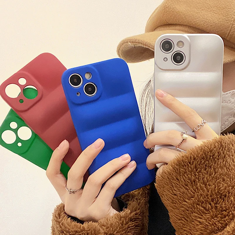 

Plating Matte Down Jackets Wave Pattern Phone Case For iPhone 13 12 11 Pro Max XS XR X Candy Solid Color Soft Back Coque Fundas