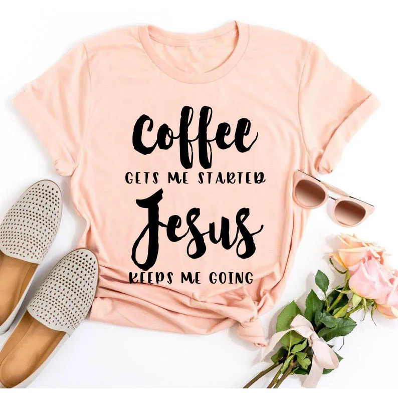 Футболка с надписью «coffee Gets Me Started Jesus», религиозная одежда, Стильная хлопковая футболка, забавный стих из Христианской Библии, графитная одежда, Топ