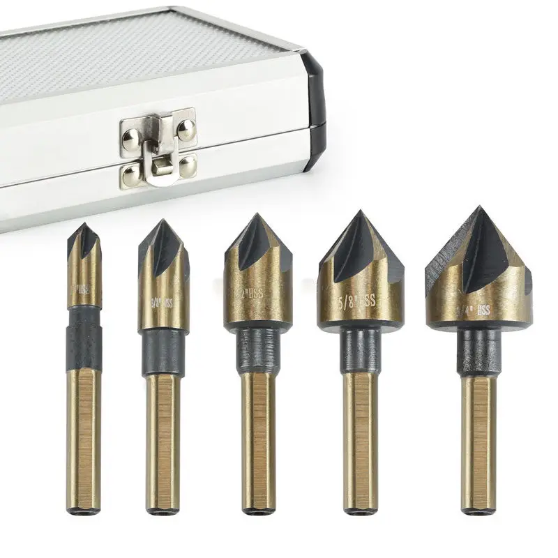 

5 Pcs/Set Industrial Countersink Drill Bit Set Tri-Flat Shank Quick Change 1/4"-3/4" Kit Tool With Box Hand Power Tool #251875