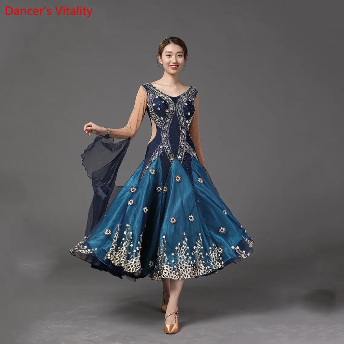 Современный танцевальный костюм для гонок Вышитое Сетчатое платье со стразами