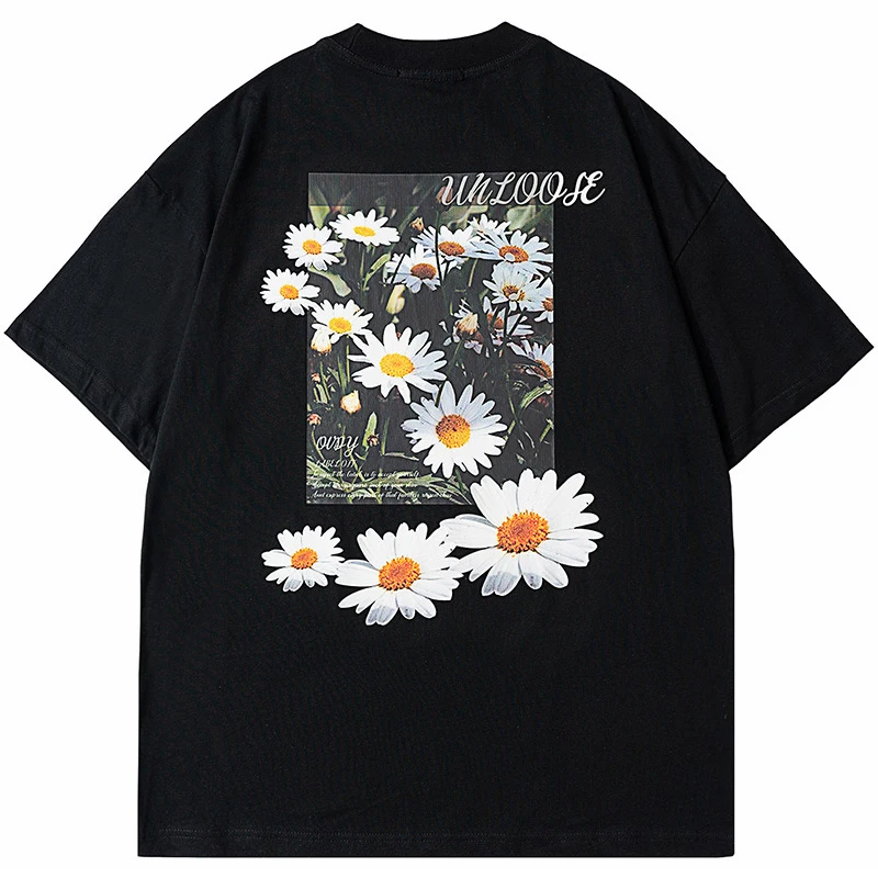 

Summer Men Oversize Short Sleeve Tshirts Hip Hop Litter Daisy Print T-shirt 2022 Harajuku Cotton Casual Tops Tees Shirts Black