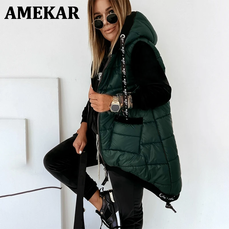 

Cotton Jacket sleeveles Jacket 2021 Winter New Ladies Hooded Sleeveless Cotton Jacket Top Fashion Solid Color Quilted Jacket